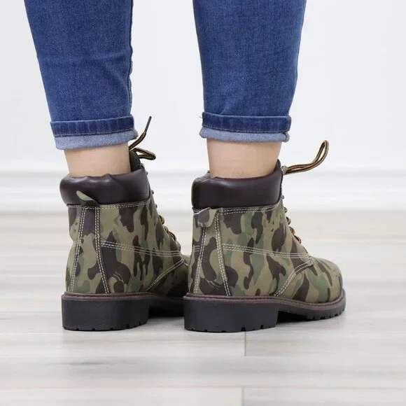 Women's Camouflage Combat Lace-up Ankle Boots Low Heel Casual Short Booties - Picture 8 of 15